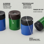 STAEDTLER 511-63-02 sharpener operational features: aluminum reservoir, precise point, finger grip cap.