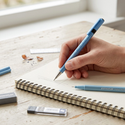 Lifestyle shot of a STAEDTLER triplus micro 0.5mm blue pencil being used to sketch on paper.
