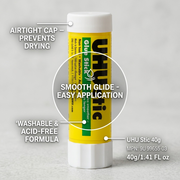 UHU Stic 40g technical infographic with smooth application, airtight cap, and formula features.