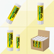 A grid displaying various sizes of the UHU stic glue stick.