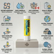 Infographic matrix highlighting reliability of the UHU Stic glue stick with icons for non-toxic and fast shipping.