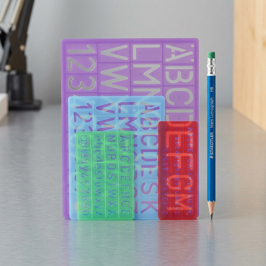 A photo of the Staedtler lettering guides scale reference image.