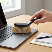 Lifestyle image showing the STAEDTLER mini dusting brush being used to clean a clean keyboard.