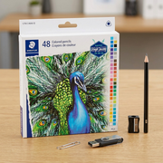 A close-up photograph comparing the Staedtler colored pencil set to common desk items for a clear scale reference.