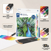 A visual representation of the features of the 48-pack STAEDTLER permanent colored pencils, highlighting the 3mm break-resistant leads, soft smooth performance, and high pigmentation with permanent formula.