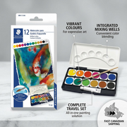 A clean ecommerce feature graphic with callouts for the STAEDTLER watercolours, mixing wells, and included brush.
