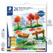 STAEDTLER watercolour set PDP graphic highlighting 24 vibrant colors, precise tubes, and pigmentation.