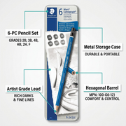 Ecommerce graphic of a STAEDTLER Mars Lumograph 6-pencil set with callouts: "Artist-Grade Lead," "Versatile Grades," "Hexagonal Design," and "Protective Metal Tin."