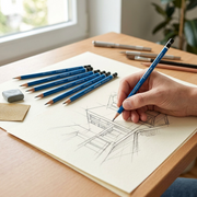 A lifestyle photo showing a Staedtler Mars Lumograph pencil Sketching an architectural drawing on paper.