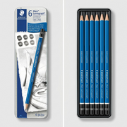 Matrix image: multiple views of the STAEDTLER Mars Lumograph 6 graphite pencil tin set, in a 2x1 grid. Upper view is the top of the tin with pencil art; lower shows the opened tin with the six pencils (8B, 6B, 4B, 2B, HB, and 2H) and sharpener. Backs of all 6 pencils are seen.