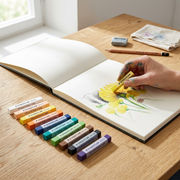 STAEDTLER Soft Pastel Chalks on a wooden table, displayed with a sketchbook showing a drawing.