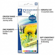 A feature callout graphic presenting a box of STAEDTLER assorted soft pastel chalks (12 pack). Direct lines and short text identify features: "12 ASSORTED COLORS" and "SOFT CHALKS - IDEAL FOR BLENDING AND SHADING". A final pointer notes "RICHER PIGMENTS, SUPERIOR ADHESION". The design is clean with accurate product geometry.