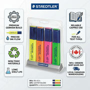 An infographic for STAEDTLER highlighter set 364-SC4, detailing features like German build, fast Canadian shipping, material quality, and compact design.