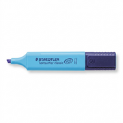 A crisp high-resolution hero image of the unique light blue STAEDTLER Textsurfer classic fluro blue highlighter, with its purple chiseled tip, resting in a minimalist setting with a gentle shadow. The distinctive STAEDTLER branding on the body and the STAEDTLER logo embossed on the purple tip remain intact. The background is a clean white to emphasize the product.