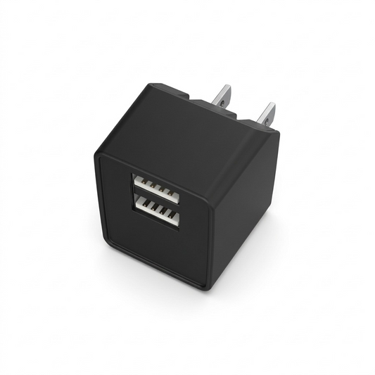 A high-resolution, centered view of the Tech Basics matte black 2.4 Amp dual-port USB wall charger, featuring two stacked USB-A standard ports and non-polarized power prongs, set against a pristine, pure white high-contrast background with natural soft shadow.