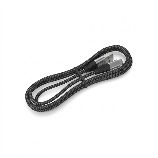 A high-resolution, centered flat lay of a coiled black-and-grey braided 3 ft Micro USB cable with silver-toned connectors against a pure white background.