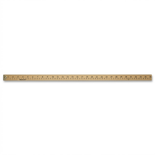 A high-resolution wooden yardstick product photo with clear inch and metric markings against a white background.