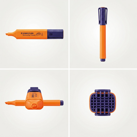 Product variant matrix for the Staedtler Textsurfer classic fluorescent orange highlighter, featuring four distinct, clearly identifiable views to showcase the product line accurately: (1) The flat side view with full branding, (2) the capped side view showing the non-branding side, (3) a top-down view showing the tip orientation, and (4) an end-cap view detailing the cap clips and color.