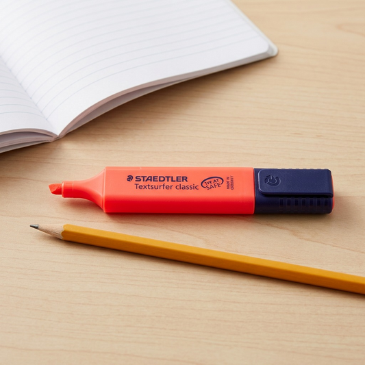 A realistic size reference image showing the STAEDTLER Textsurfer Fluorescent Red highlighter beside a standard pencil and a smartphone.