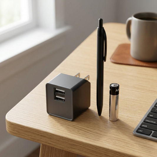 A composite photo of an ETL dual-port wall charger on an oak desk, standing beside a pen and battery for scale.