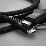Extreme macro shot of the braided micro USB connector face, highlighting gold-plated pins and texture