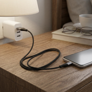 Lifestyle shot: The canonical black braided Micro USB cable, exactly as shown in the reference image (image_0.png), is seen in a relaxed loop on a textured wood grain bedside table. Its distinct connectors are visible. The cable is adjacent to a generic smartphone (plugged in), a wall charger in an outlet, and a paperback book. Real-world context for charging a personal device was recreated faithfully.