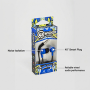 Feature callout graphic of the Wicked Audio Brawl Deep Sea earbud packaging, highlighting noise isolation and durable build.