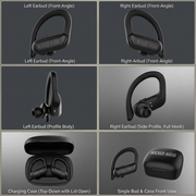 A matrix displaying the black Wicked Audio Raen Sport Earbuds (WI-TWAPP3150) from four different orientations: front angle, side profile, rear angle, and a top view with case.