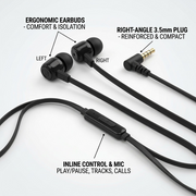 Feature graphic for Wicked Audio Hiro earphones (WI1750), highlighting key specs and controls.