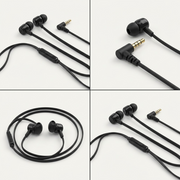 A clean ecommerce grid showing four pairs of Wicked Audio Hiro Wired earbuds in black from angled views.