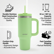 Trust and authority infographic showing features and fast Canadian shipping for the green Contigo Streeterville Tumbler.