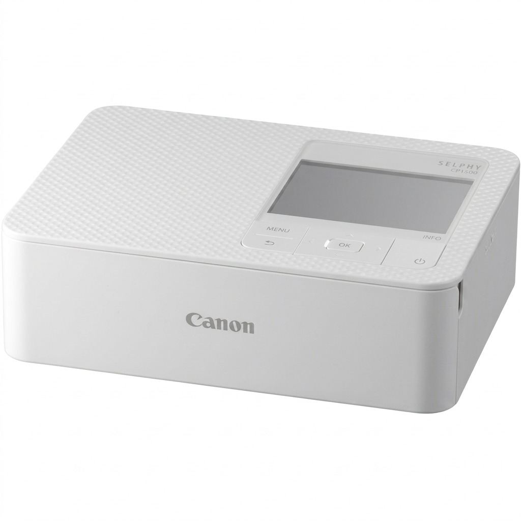 Pure hero shot of a white Canon SELPHY CP1500 compact photo printer on a white background.