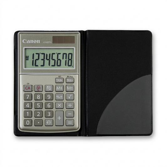 Canon LS-63TG handheld calculator in a black folding cover with 8-digit LCD and silver finish.
