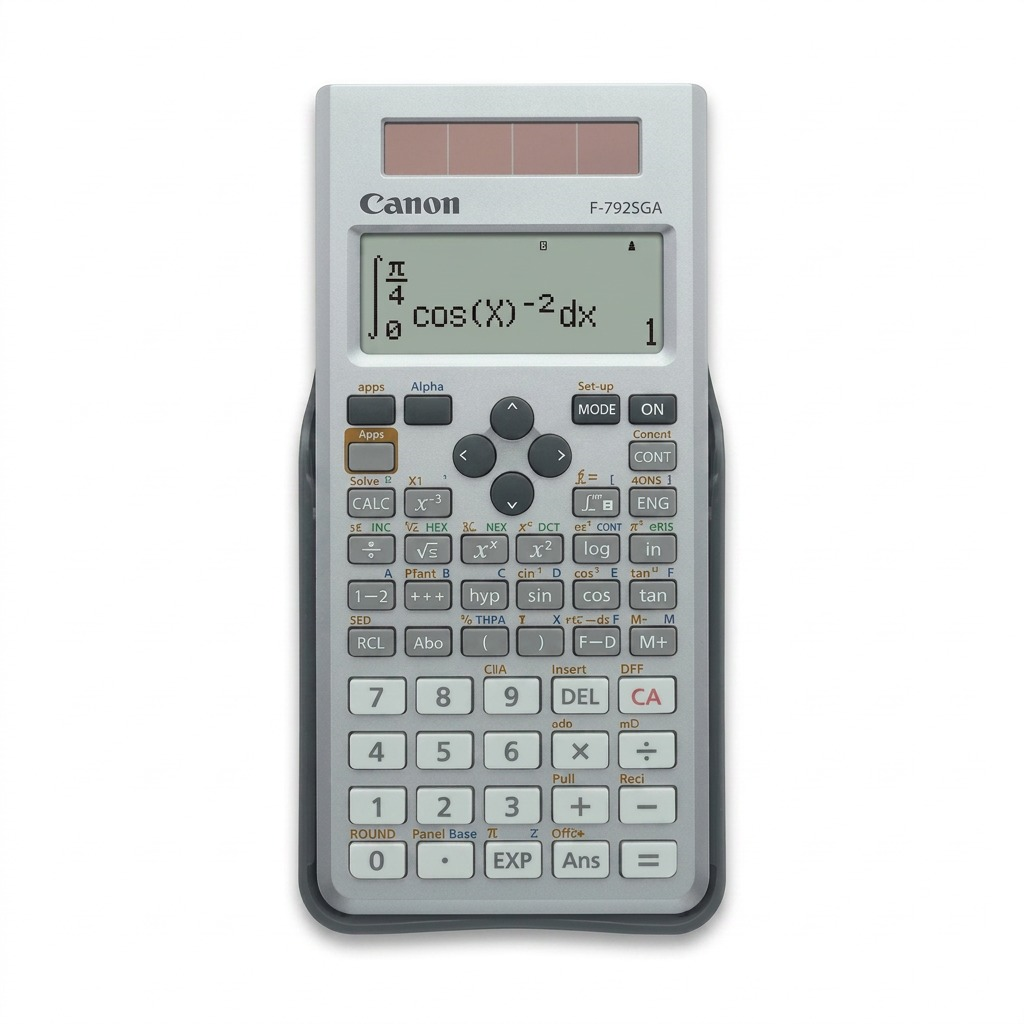 Canon F-792SGA scientific calculator in grey with 4-line display, solar panel, and hard case.