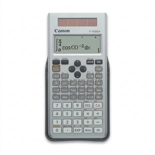 Canon F-792SGA scientific calculator in grey with 4-line display, solar panel, and hard case.