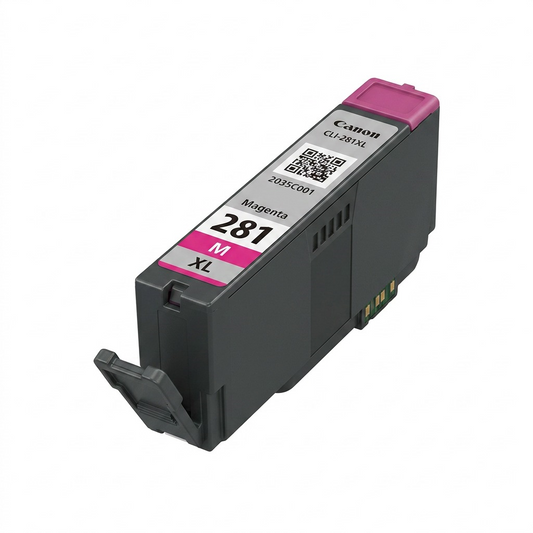 High-resolution 3D render of the Canon CLI-281XL Magenta ink cartridge, focused on product details.