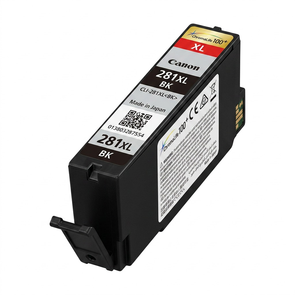 A crisp, high-resolution hero shot of the Canon CLI-281XL Black ink cartridge, centered on a pure white background. The shot captures the cartridge from an angled front perspective, showcasing its physical features and labeling in sharp detail.