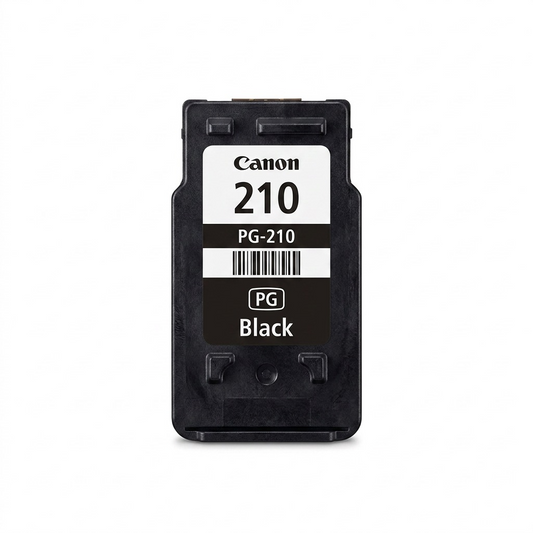 High-resolution 3D render of a single Canon PG-210 Black ink cartridge, as seen from the packaging.