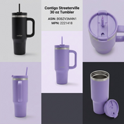 Visual metric comparison of Contigo 30oz Streeterville Tumbler, showing color variants and angles.