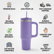 Trust and authority PDP infographic for the 30oz Contigo Streeterville Tumbler. Central accurate image, surrounded by icons with short factual text like "PREMIUM MATERIALS", "STAINLESS STEEL", "CANADIAN SHIPPING" and "MANUFACTURER BACKED". Clean, neutral design.