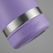 Extreme macro photo of Contigo Streeterville lilac tumbler, focusing on the refined texture and metal trim.