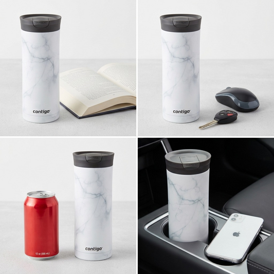 A visual scale comparison of the 20 oz Contigo Huron 2.0 travel tumbler in White Marble beside a stack of three standard 8.5-by-11-inch books, highlighting its size for customers.