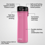 Operational features of the Contigo Jackson Chill 2.0 water bottle highlighted with descriptive text.