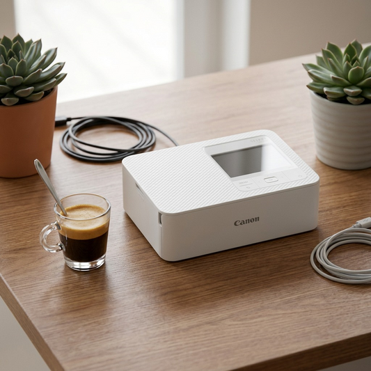 PDP visual matrix scale reference: product sized on a home desk next to an espresso cup.
