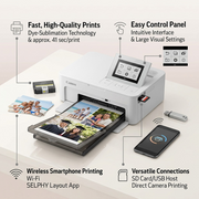 Canonical image of white standard photo printer; callouts for high-quality printing, control panel, wireless smartphone use, and connection types.