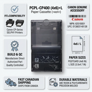 ~ A visual matrix graphic featuring the Canon PCPL-CP400 paper cassette, with factual icons and cues ensuring compatibility, quality, and fast Canadian shipping.