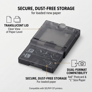 A detailed visual matrix showing features of the Canon paper cassette PCPL-CP400, including pointers to the clear lid, dual-format storage, and printer compatibility. It provides essential info for customers to understand product capabilities.