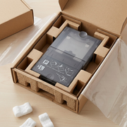 Unboxing shot of a smoke-gray Canon PCPL-CP400 Paper Cassette held in a custom cardboard insert.