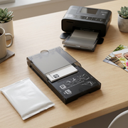 Lifestyle shot: The Canon PCPL-CP400 paper cassette, with the clear top open, sits on a modern wooden desk. Stacks of 4x6 photo paper and L-size packs are ready nearby. In the background, a compact Canon SELPHY photo printer is ready for the cassette to be loaded. The desk holds a small plant, a mug, and some printed photos. Natural light from a window highlights the clear and black plastic, and the 'P' and 'L' paper load icons are visible.