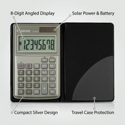 Canon LS-63TG handheld calculator with labels highlighting 8-digit display, solar power, and case.